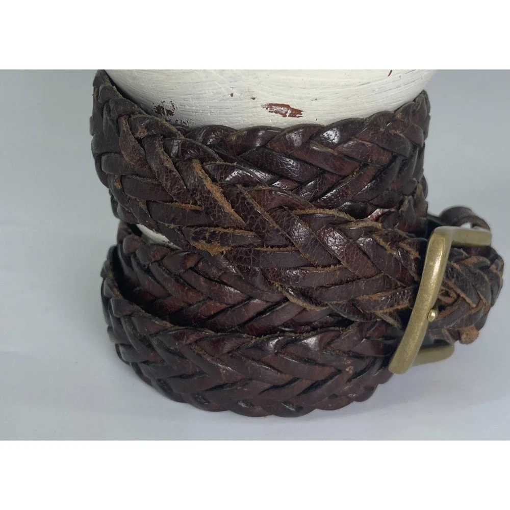 Vtg Braided Genuine Leather Belt XL 42-44 Brown Woven Brass Buckle‎ Boho Skinny